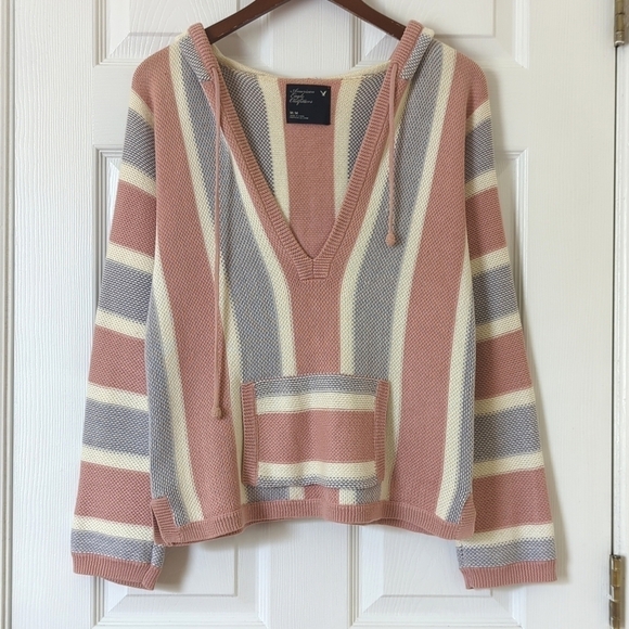 American Eagle Classic Striped Knit V-neck Kangaroo Hooded Sweater Pink Purple M - Picture 1 of 11